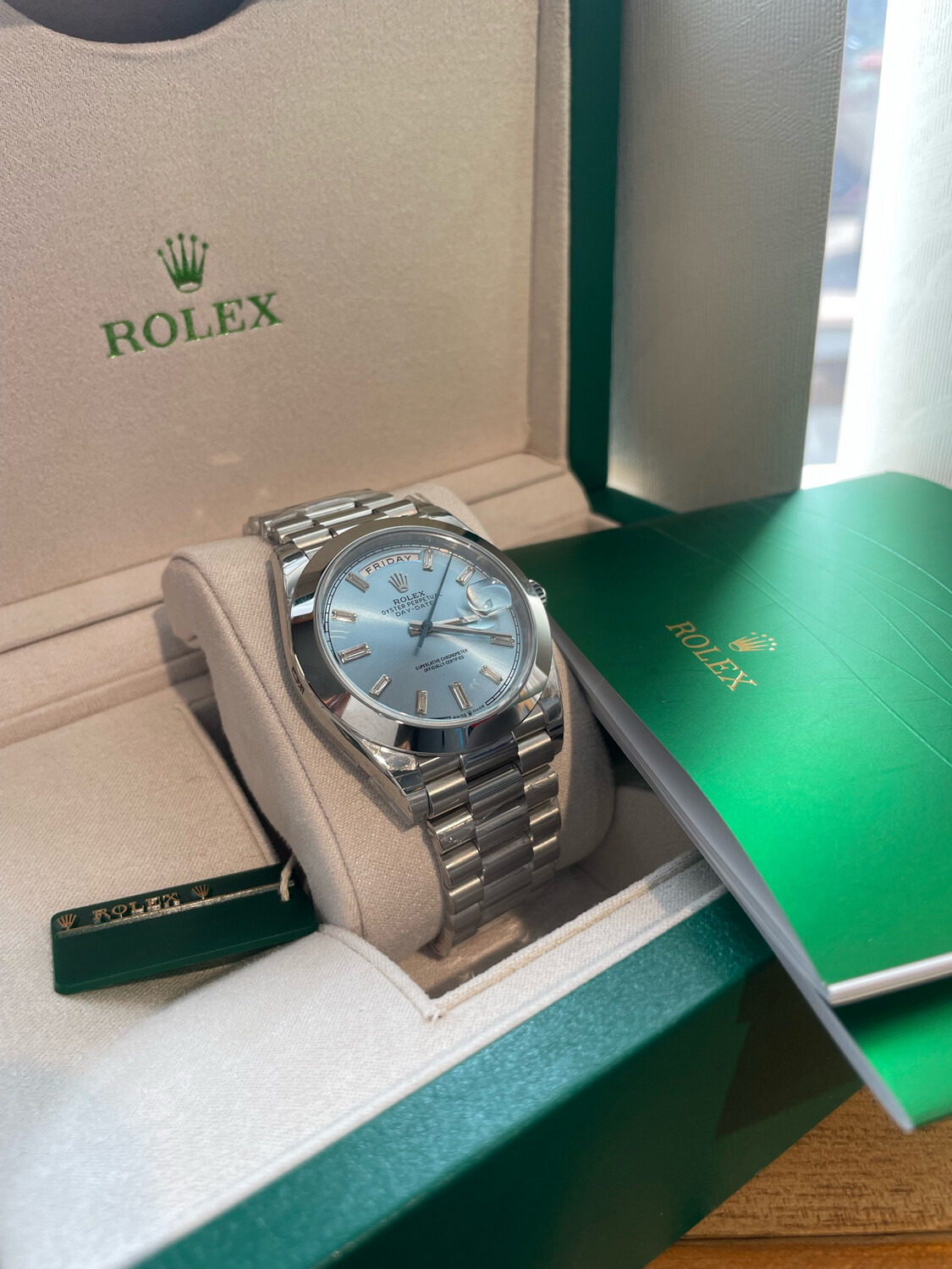 Rolex Daydate 40 Ice Blue Baguette Moissanitee Dial