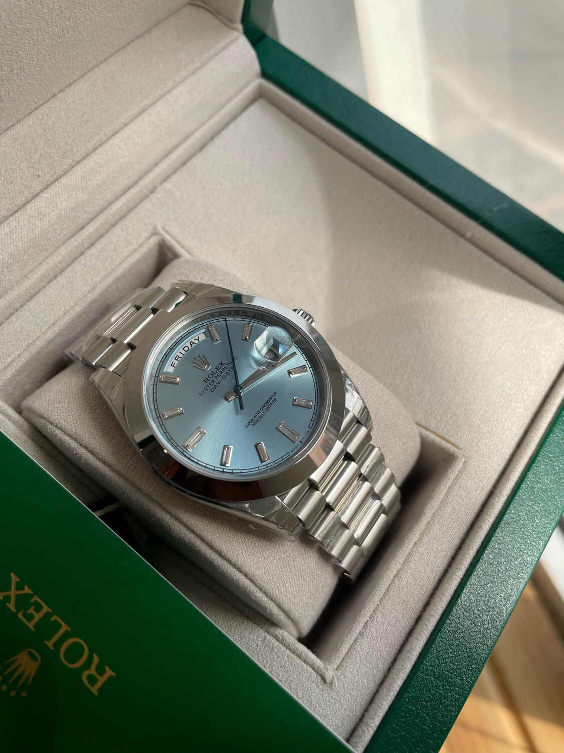 Rolex Daydate 40 Ice Blue Baguette Moissanitee Dial