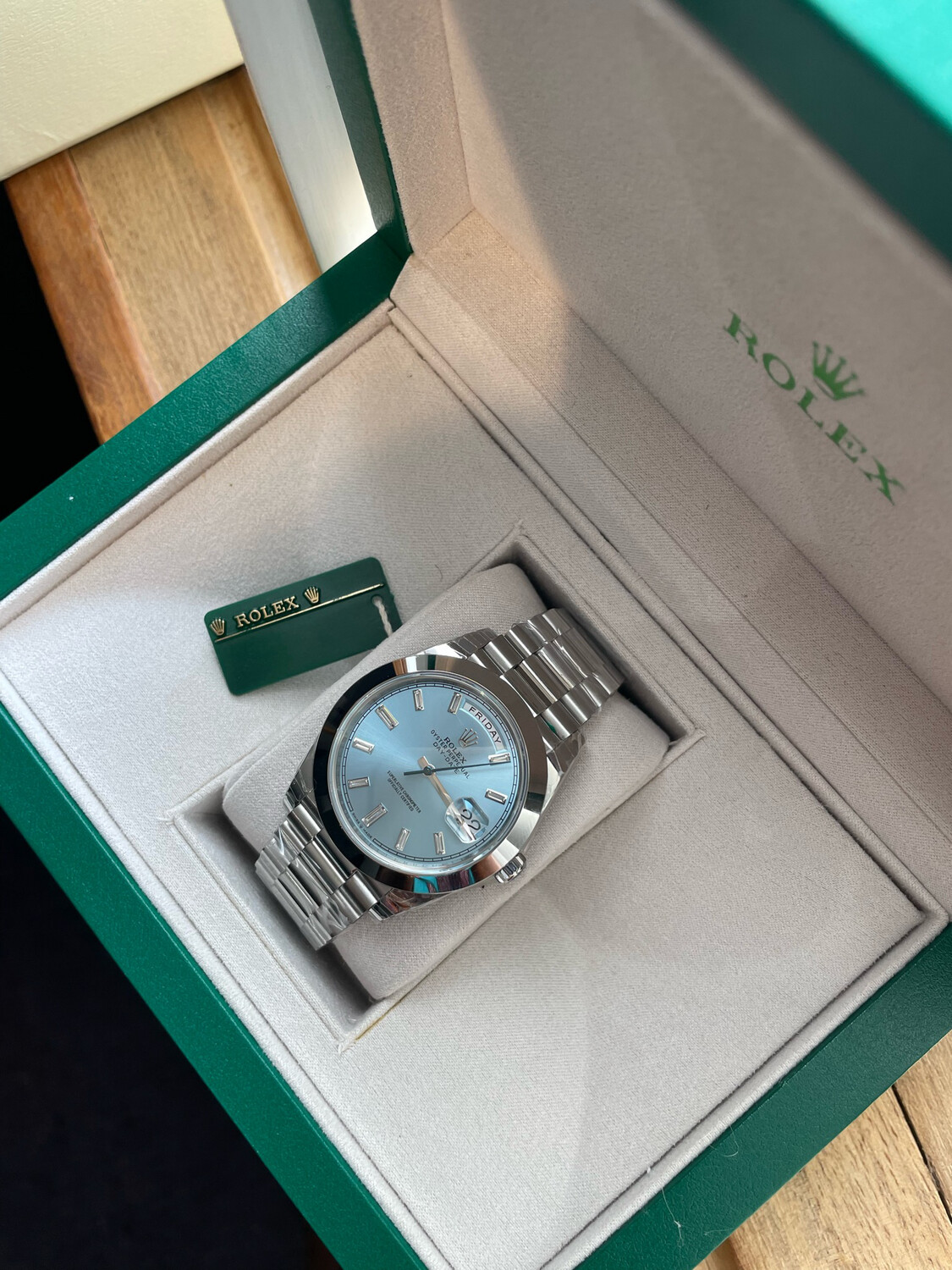 Rolex Daydate 40 Ice Blue Baguette Moissanitee Dial