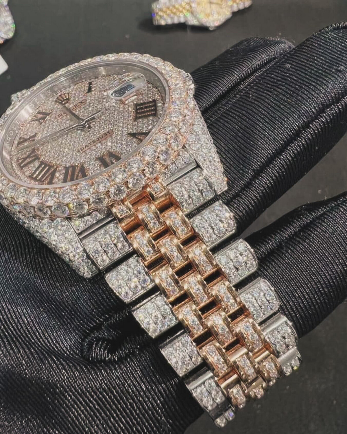 Iced out DJ rose gold and steel