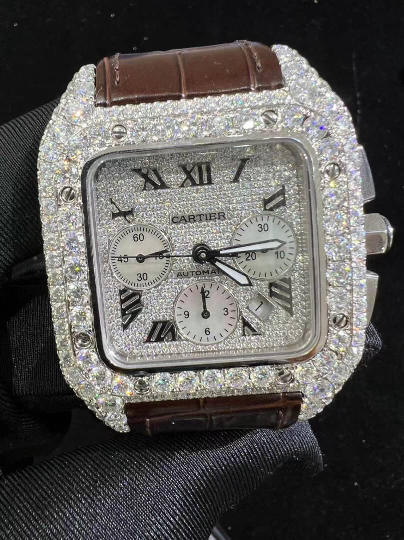 Cartier 100xl diamond and leather watch