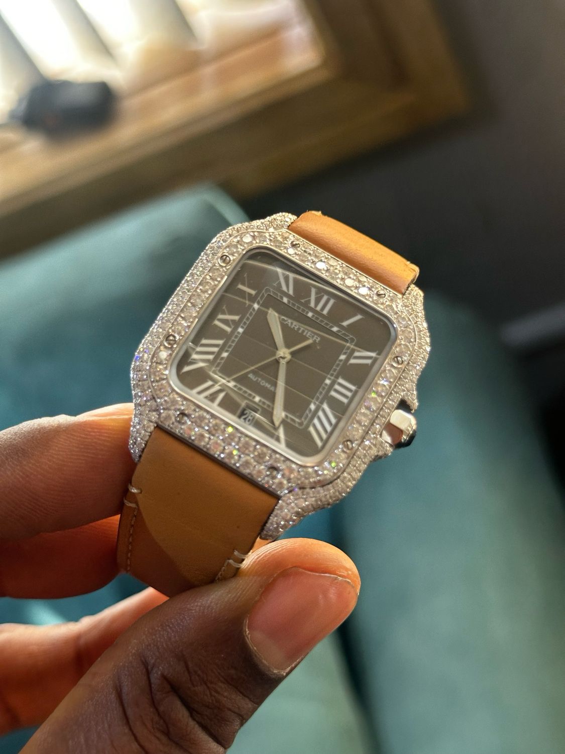 Fully Iced-Out Cartier Santos Large with Brown Calf Leather Strap &amp; Diamond Buckle