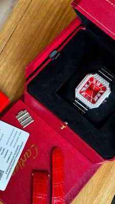 Cartier Santos S.C Large, Diamond Bezel, Red Dial
