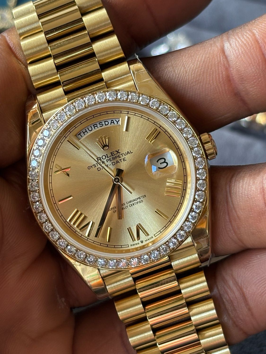 Superclone Studded Bezel DD yellow gold Plated, Roman figure champagne dial