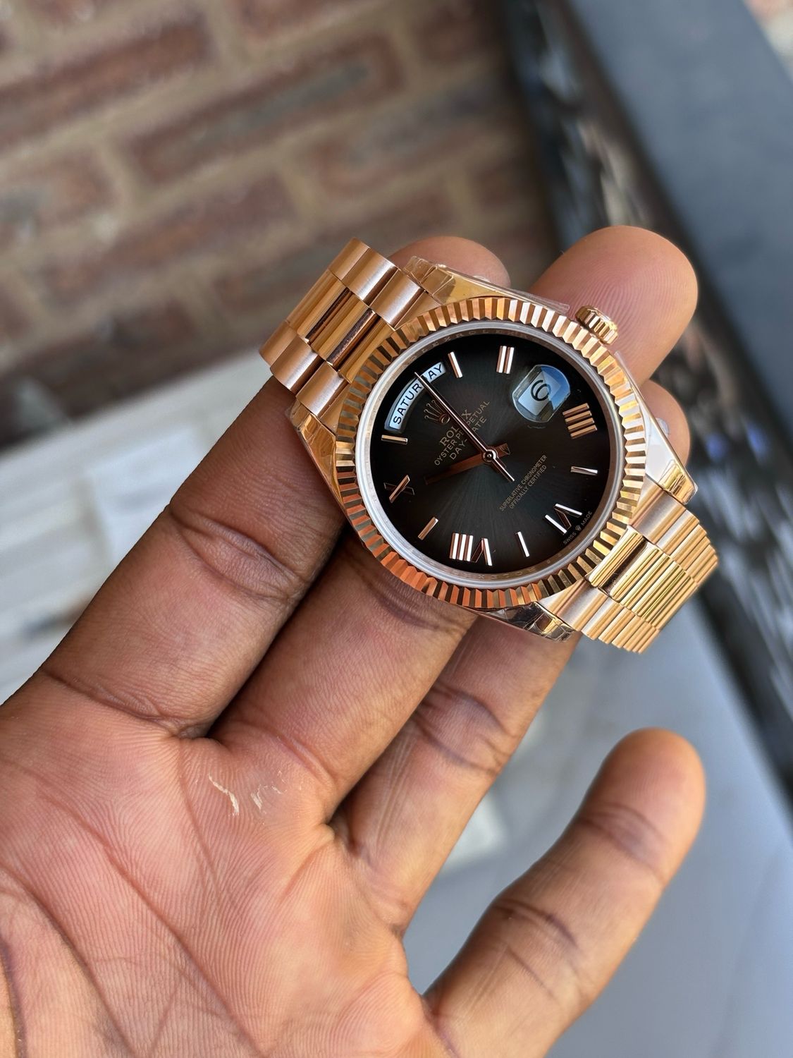 Super clone Rolex Day-Date 40 228235, 18K Rose Gold plated, Black Ombre Roman Dial, 40 mm