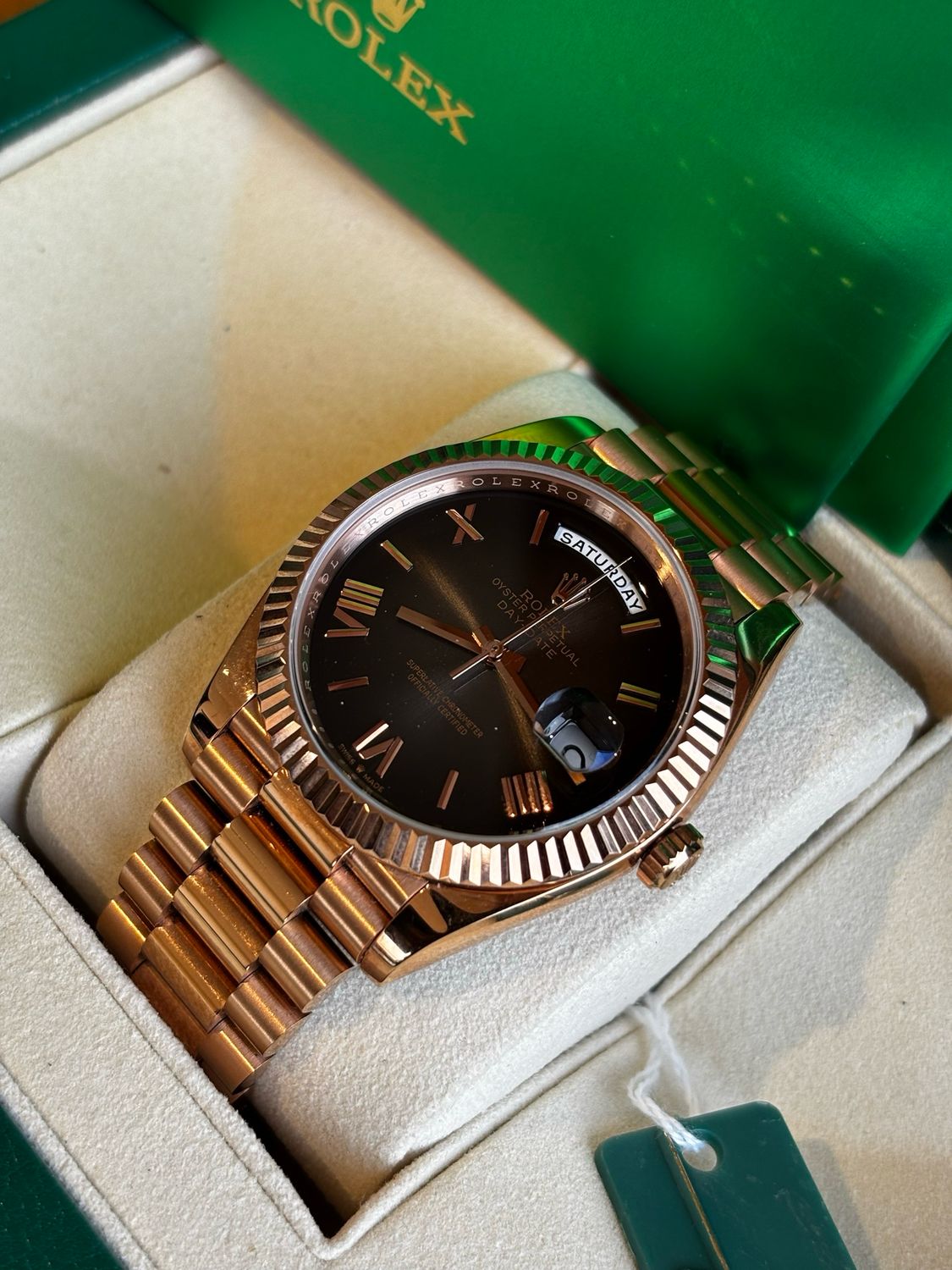 Super clone Rolex Day-Date 40 228235, 18K Rose Gold plated, Black Ombre Roman Dial, 40 mm