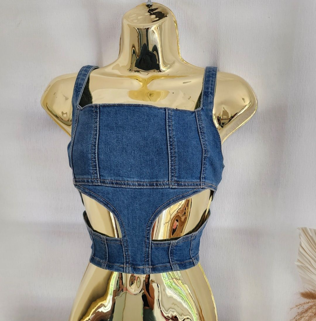 Cut Out Denim Top - mid blue