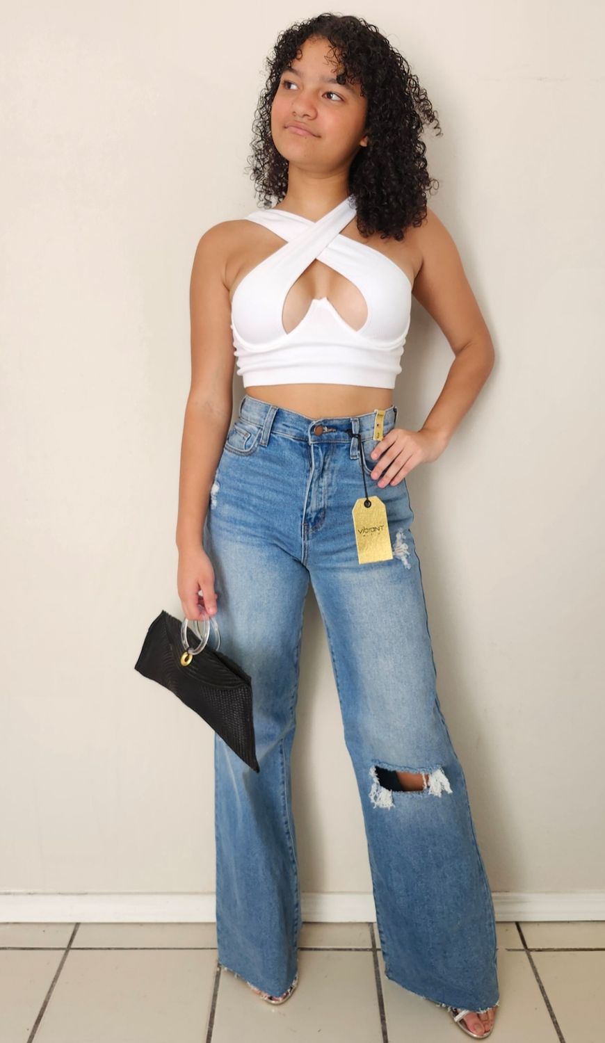 Vibrant Distressed Wide Leg High Rise Jean
