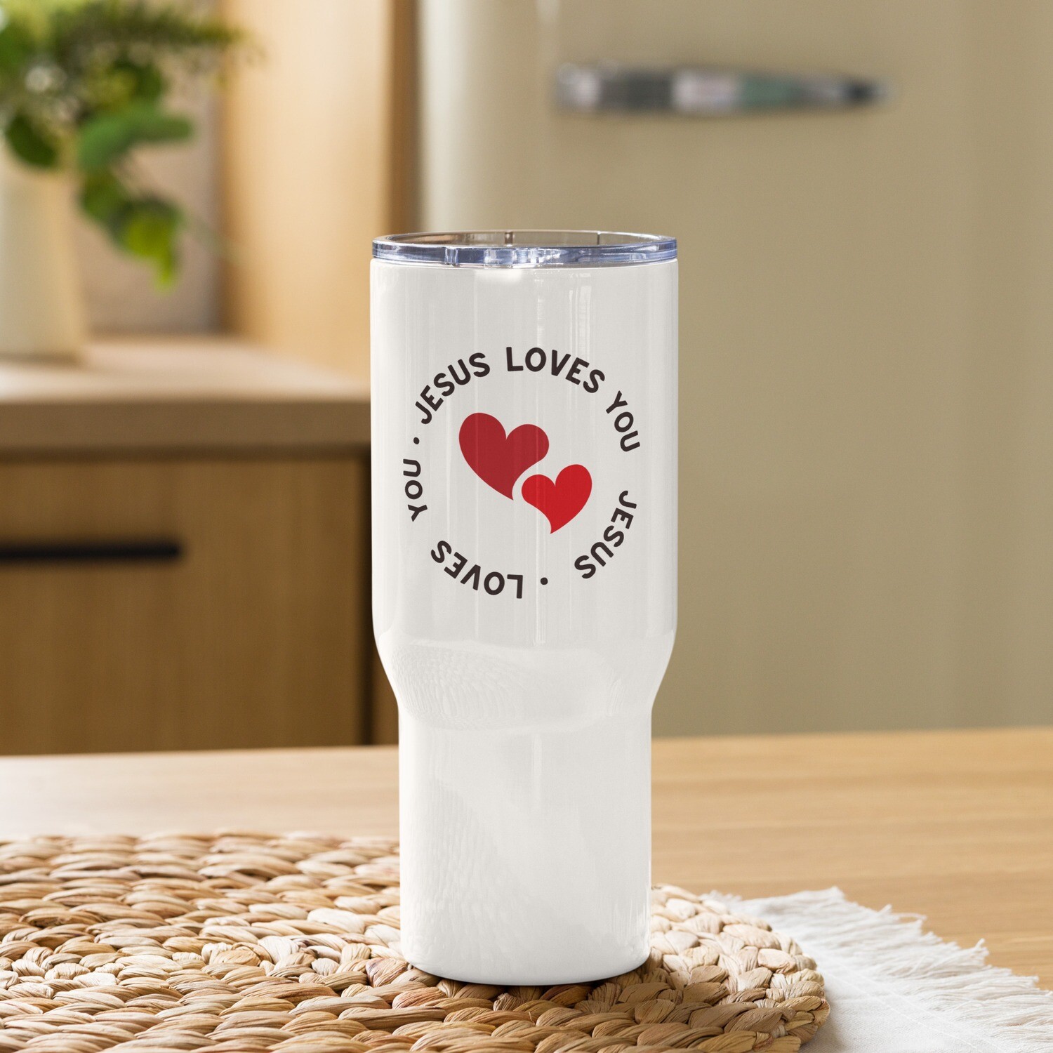 Travel mug with Jesus Loves You handle