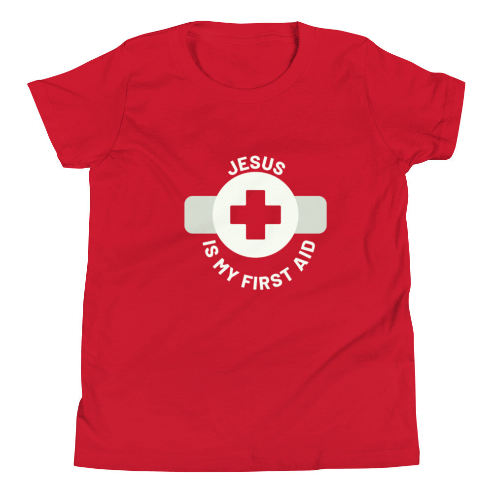 Youth Short Sleeve Jesus is my first aid T-Shirt.