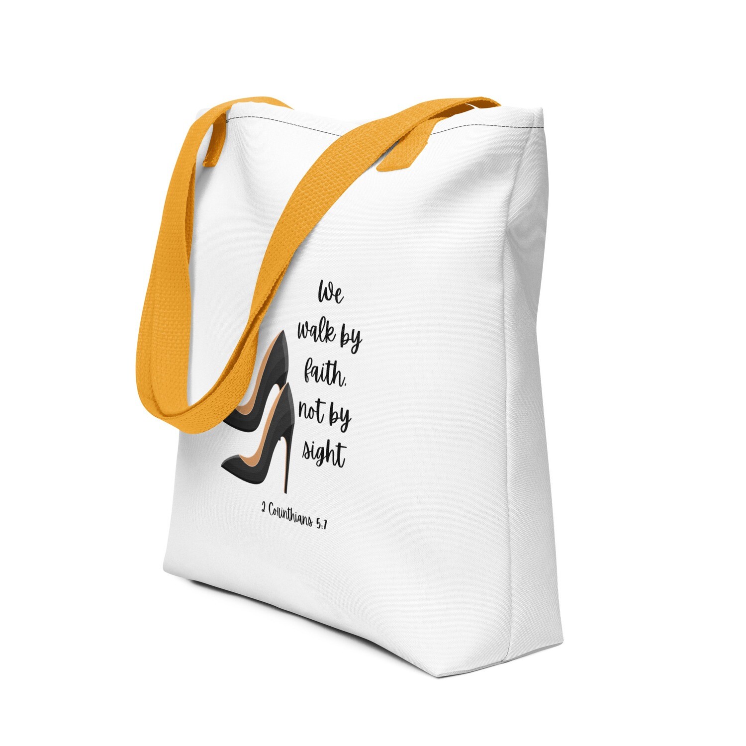 We walk by faith Black Tote bag