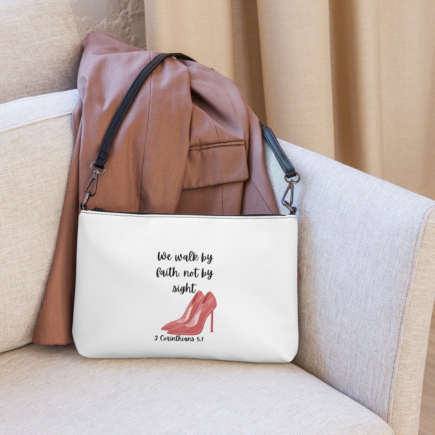 We walk by faith not by sight Pink heels Crossbody bag