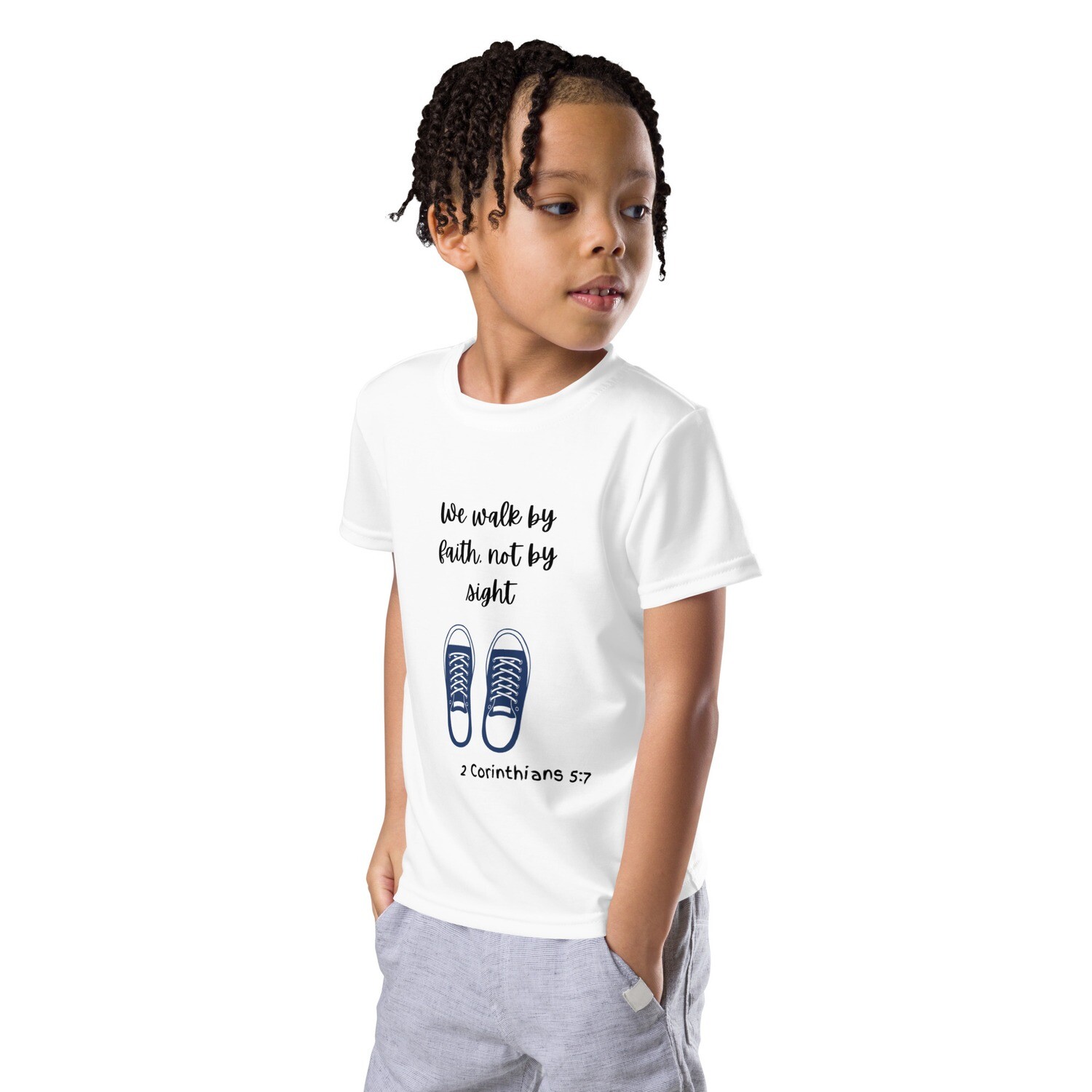Kids We walk by faith not by sight blue sneakers crew neck t-shirt