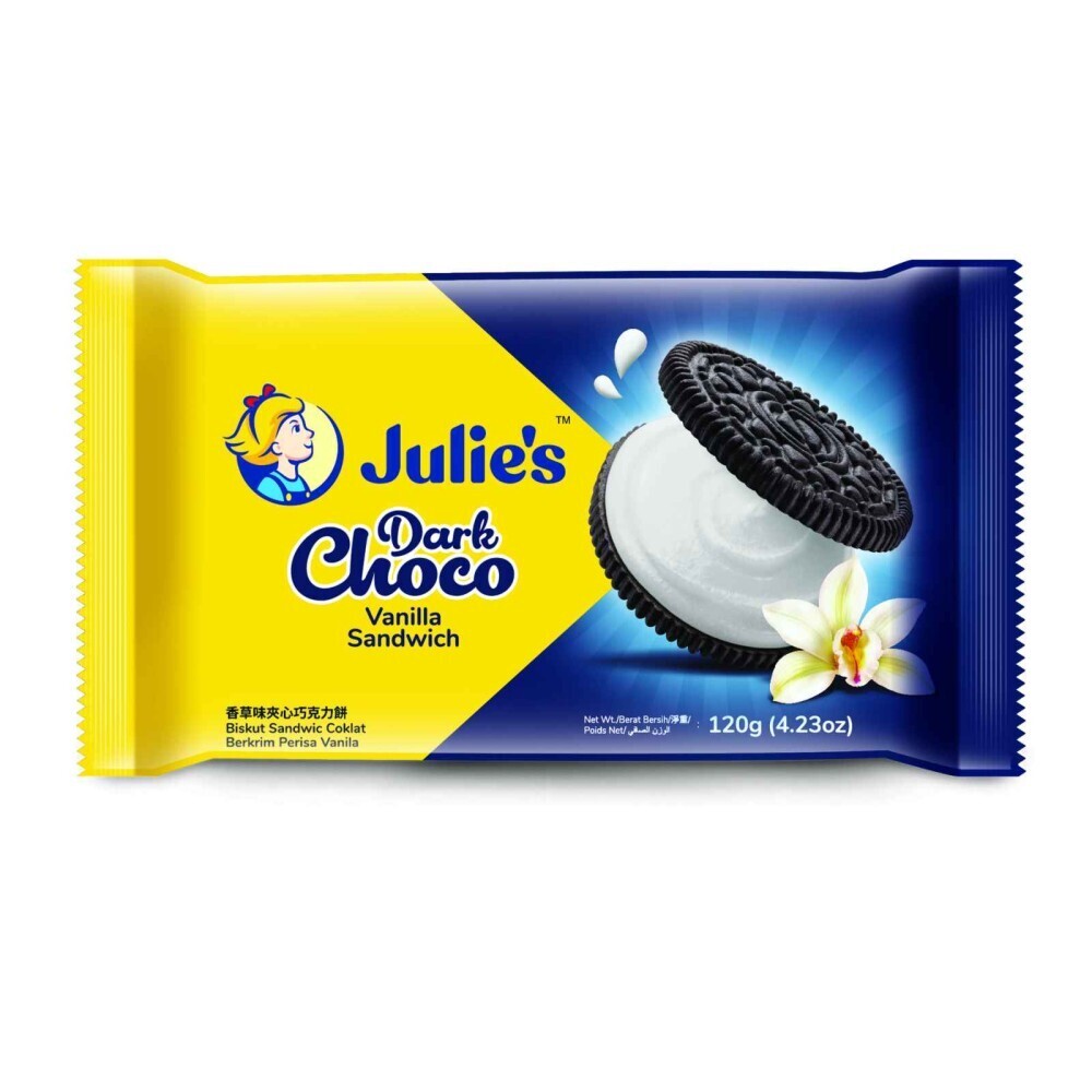 Julie&#39;s Dark Choco Vanilla Flavoured Cream Sandwich 120g