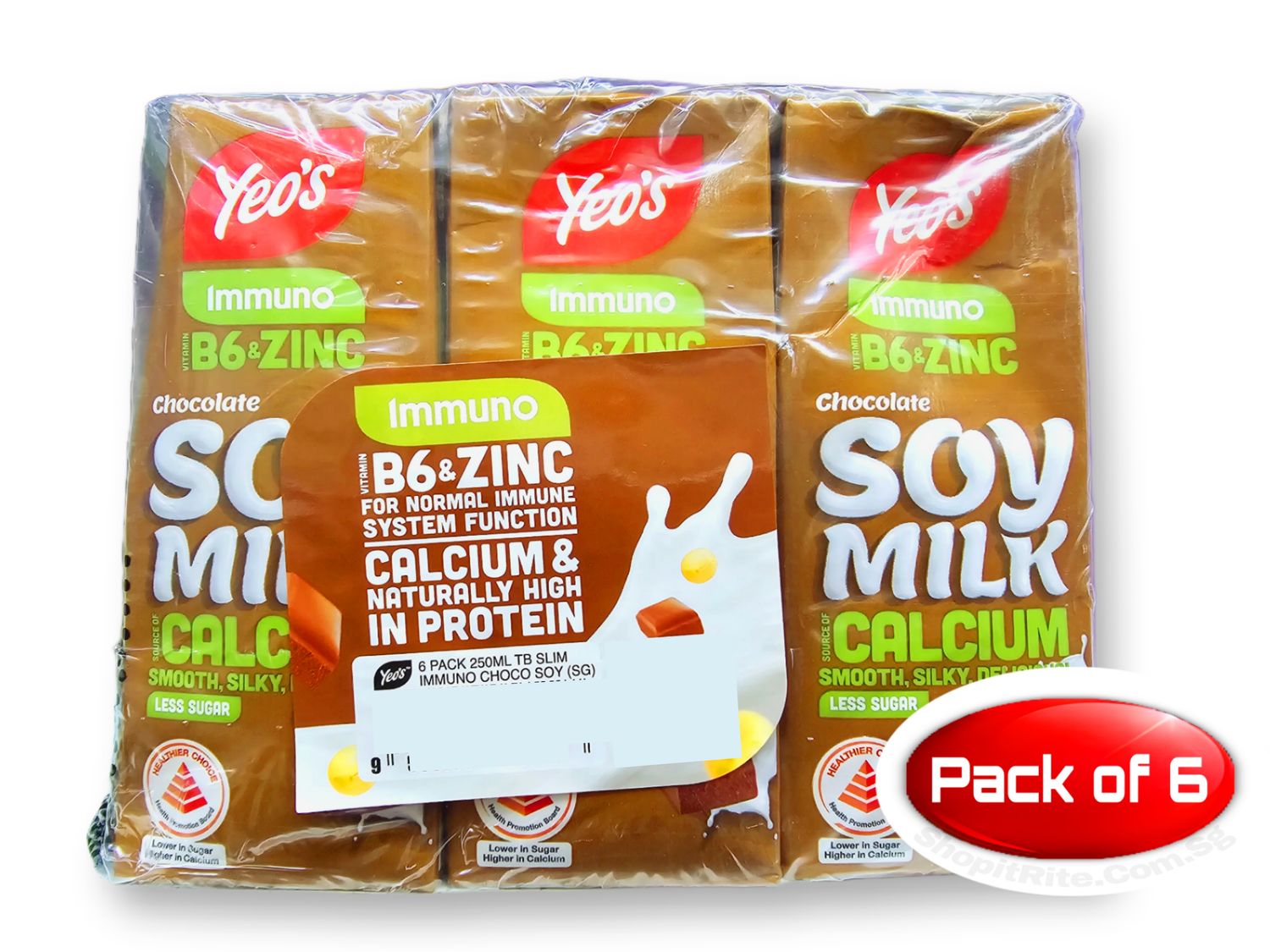 Yeo Chocolate Soy Milk Packet Drink 250mL Less Sugar 6 Pack