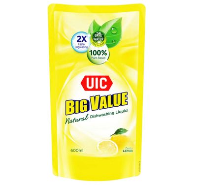 UIC Big Value Natural Dishwashing Liquid Refill - Lemon 600mL