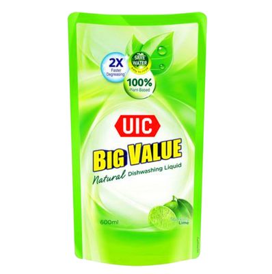UIC Big Value Natural Dishwashing Liquid Refill - Lime 600mL