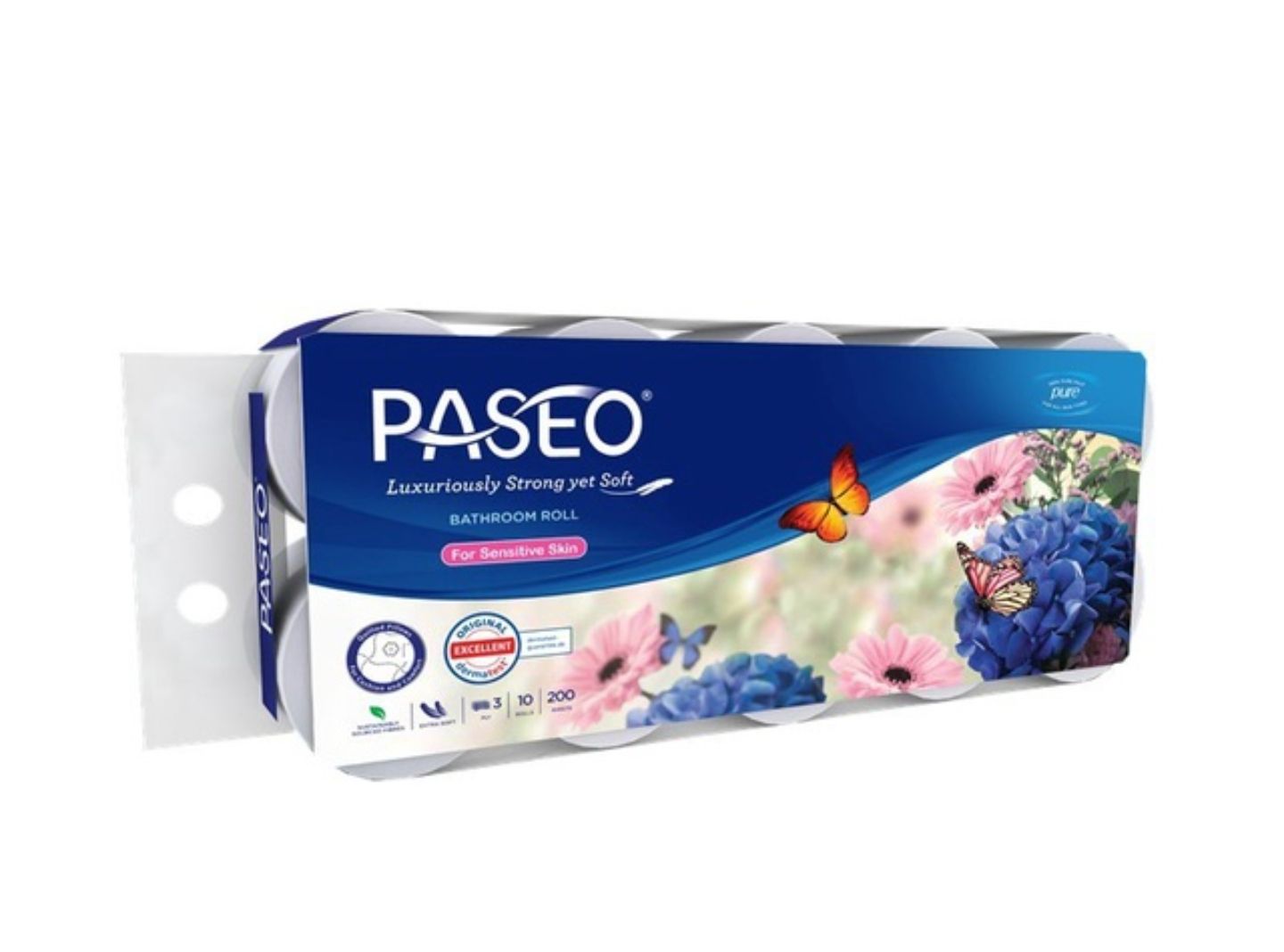 Paseo Butterfly Deco Emboss Bathroom Rolls - 3ply 10 Rolls x 200pcs