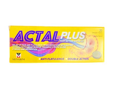 Menarini Actual Plus Fast Acting Antacid 20 Chewable Tablets
