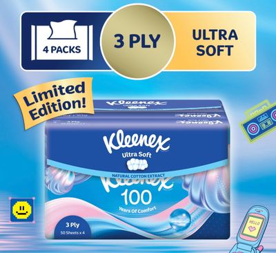 Kleenex Ultra Soft Limited Edition Soft Pack 3ply 50 Sheet 4s Pack