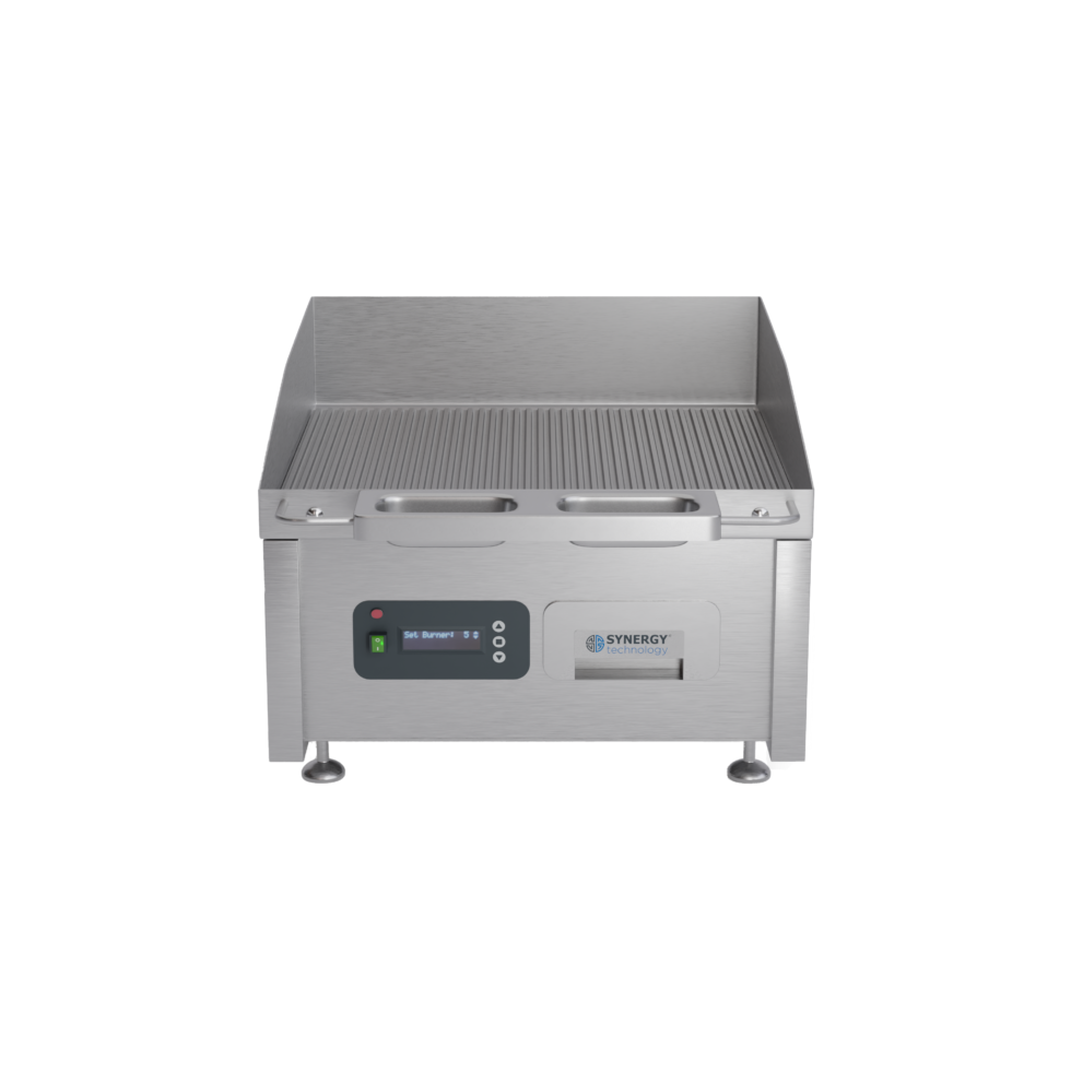 Synergy GRID600E-R. 600mm wide electric griddle with ribbed top and smart control technology. Comes with garnish grill