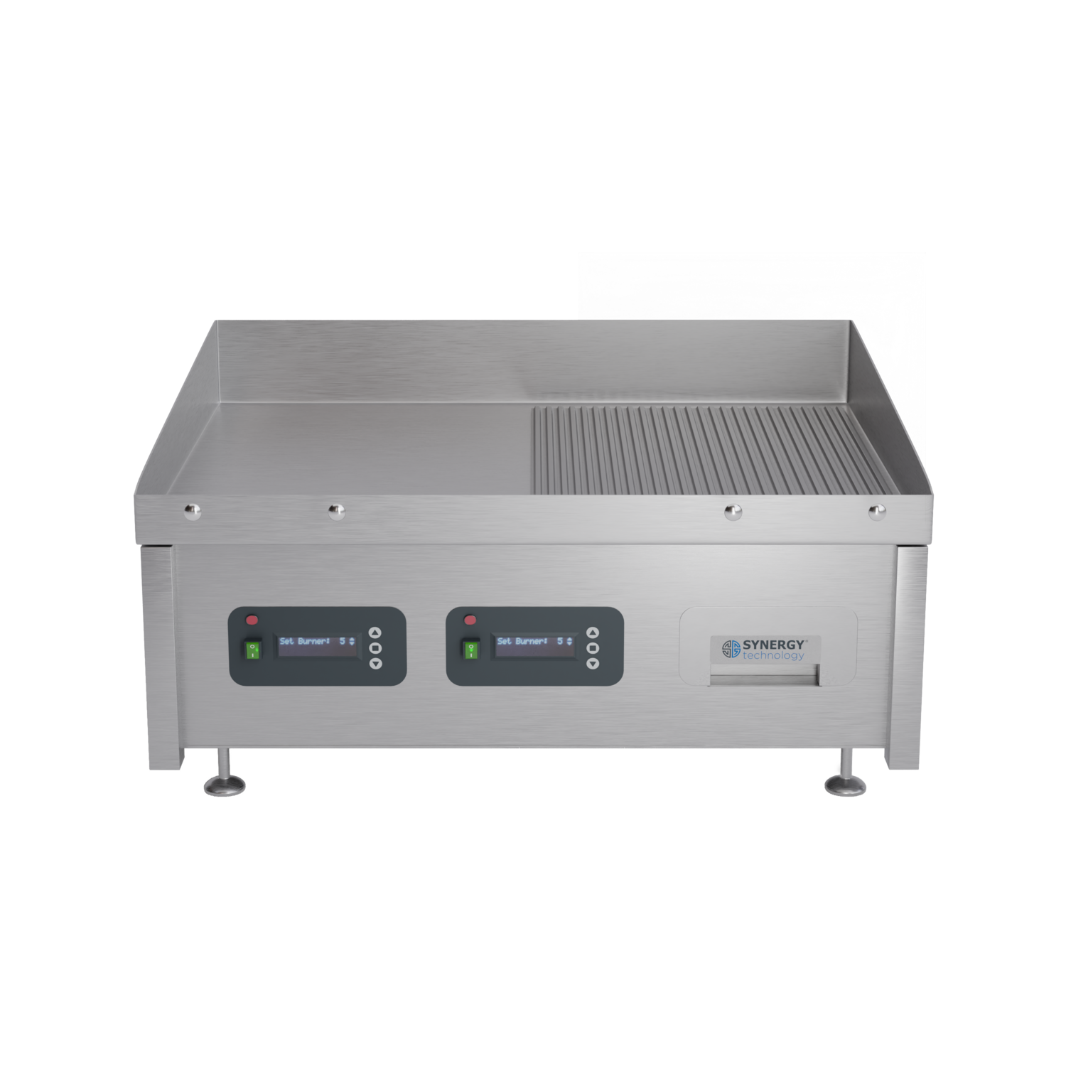 Synergy GRID900E-SR. 900mm wide electric griddle with semi ribbed top and smart control technology. Comes with garnish grill.