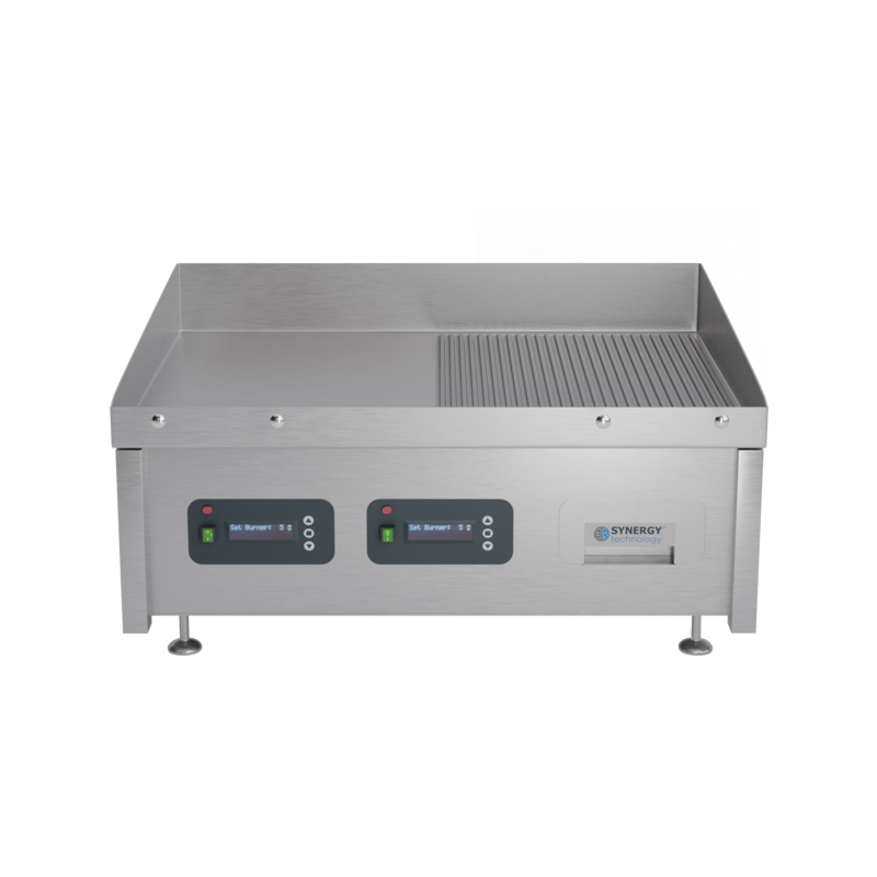 Synergy GRID900E-SR. 900mm wide electric griddle with semi ribbed top and smart control technology. Comes with garnish grill.