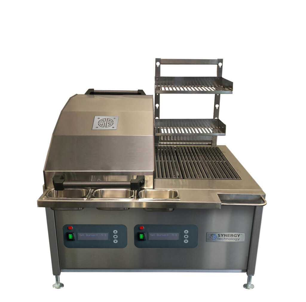 Synergy Electric CharGo CG0900DUALE 50% chargrill oven with a single lid and 50% grill with shelving and smart control technology