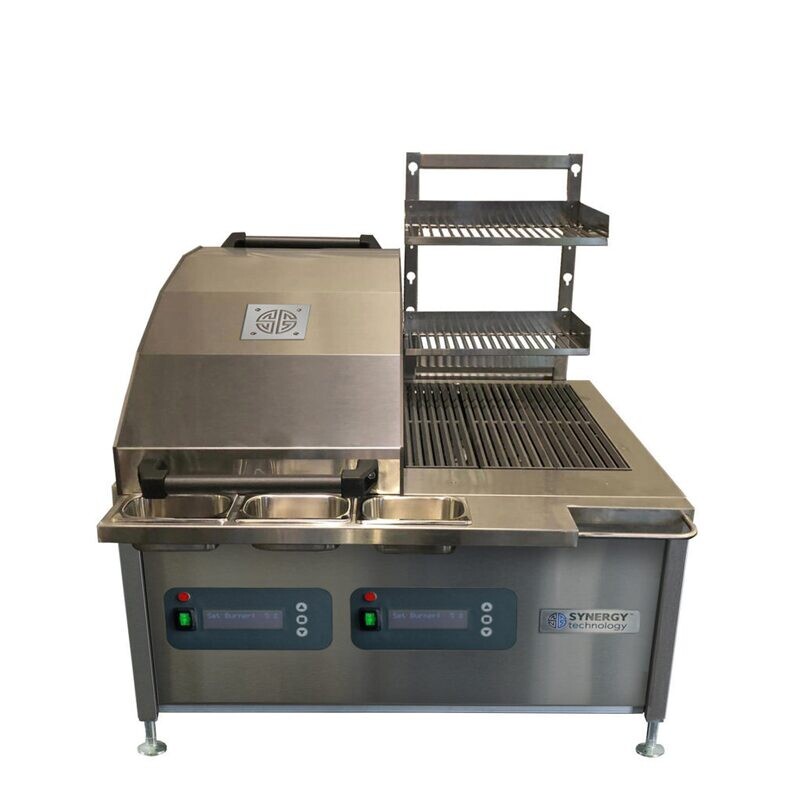Synergy Electric CharGo CG0900DUALE 50% chargrill oven with a single lid and 50% grill with shelving and smart control technology