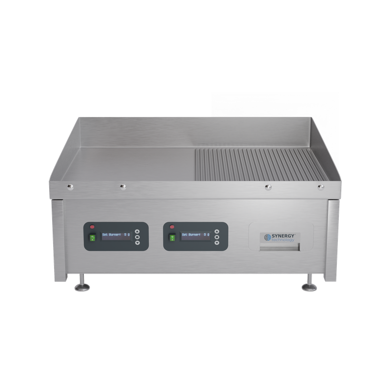 Synergy GRID900E-SR. 900mm wide electric griddle with semi ribbed top and smart control technology. Comes with garnish grill.