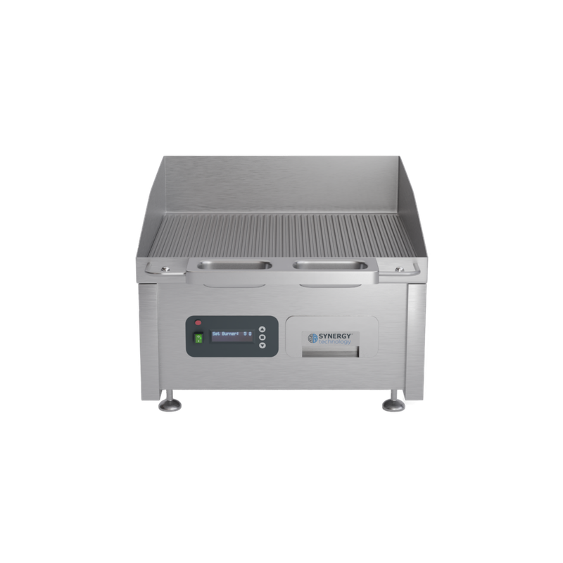 Synergy GRID600E-R. 600mm wide electric griddle with ribbed top and smart control technology. Comes with garnish grill