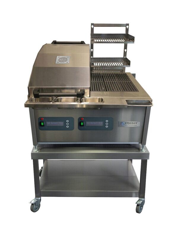 Synergy CharGo STCG0900DUAL 50% chargrill oven with a single lid and 50% grill with shelving and smart control technology