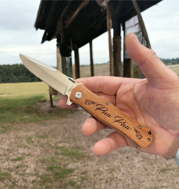 Pocket Knife Laser Engraved Wood Handle Spring Assist 4.1/2 Inches Handle Single Side Engraving