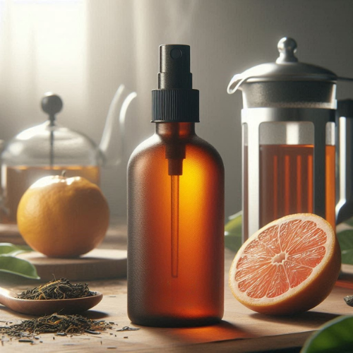 Bergamot White Tea luxury room and linen spray in amber glass bottle with images of citrus and tea in the background