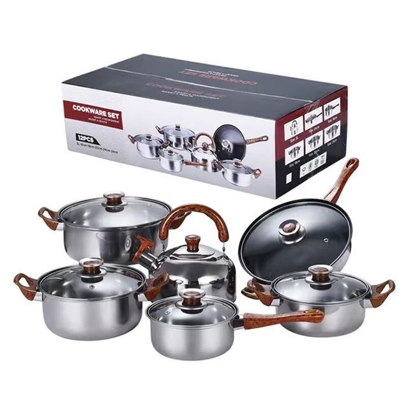 Cross-border Supply Of Stainless Steel 12 Pieces Set Pot With Kettle Pot Combination Wood Grain Handle Soup Pan Frying Pan Set