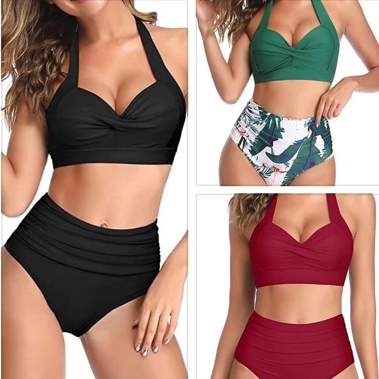Cash Carter Brand High Waist Printed Halter Strap Bikini Swimsuit Women&#39;s Split Slimming