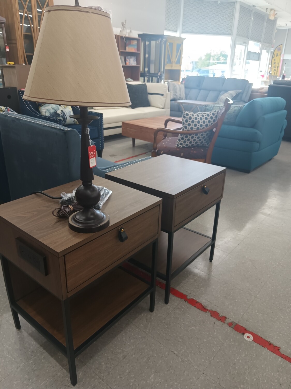 Brown side tables with USB and phone charger