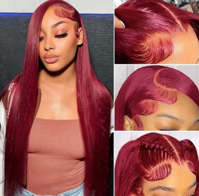 99j Bordeaux Red Straight Lace Wig Glue less Colored Brazilian 13x4 Transparent HD Lace Frontal Wig for Human Hair