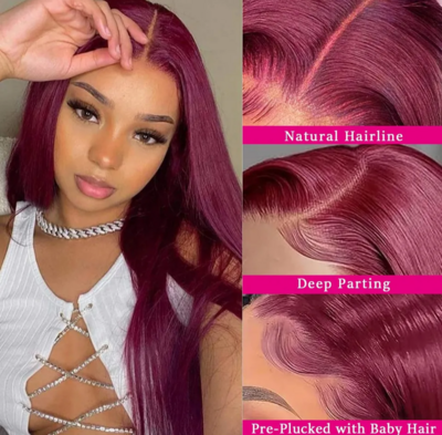 99j Bordeaux Red Straight Lace Wig Glue less Colored Brazilian 13x4 Transparent HD Lace Frontal Wig for Human Hair