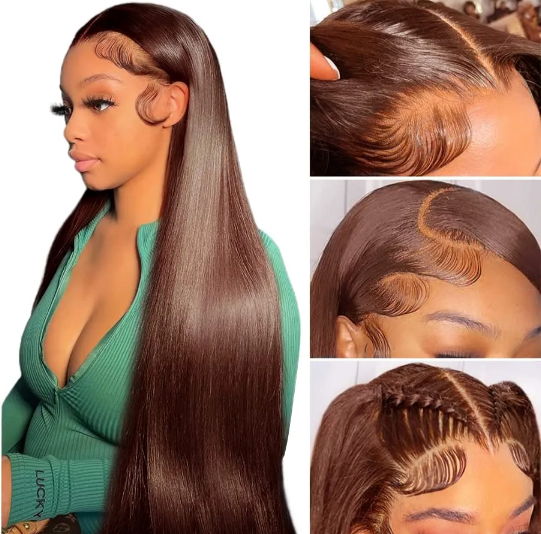 Straight HD Lace Front Wigs Human Hair 13x4 Glueless PrePlucked Chocolate Brown Colored Transparent Lace Frontal Human Hair Wig