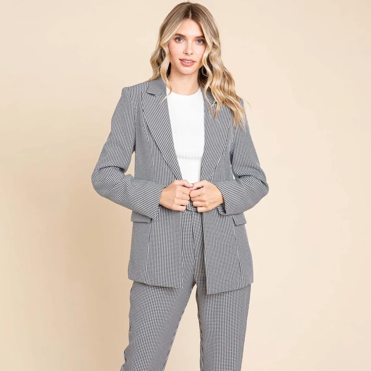 Houndstooth Blazer and High Waisted Pants Pantsuit, SML(2-2-2)/1Pack