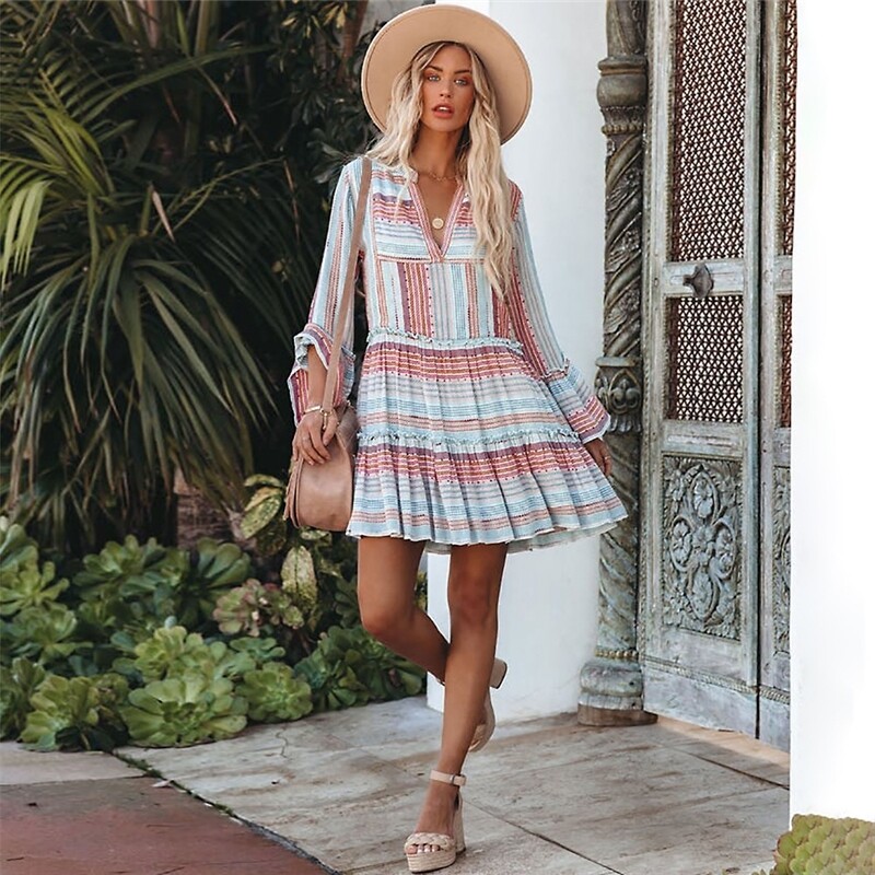 V-Neck Long Sleeves Split-Joint Mini Dress