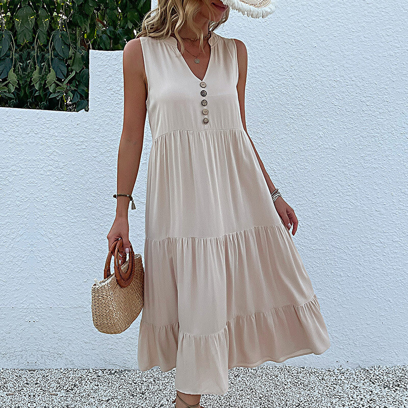 Solid Color Sleeveless V-Neck Casual Loose Pleated Maxi Dress-Apricot