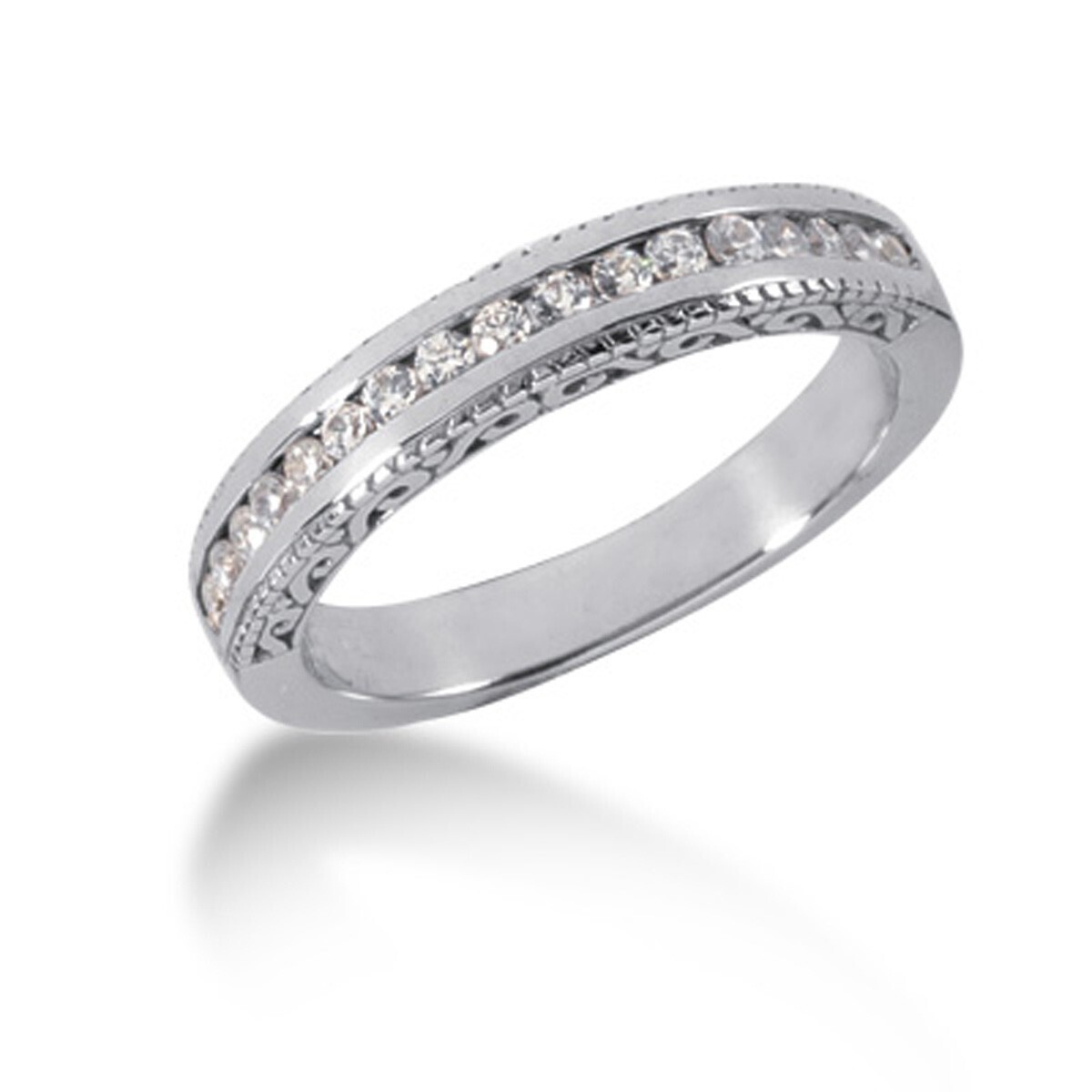 Engraved Diamond Channel Set Wedding Ring Band in 14k White Gold