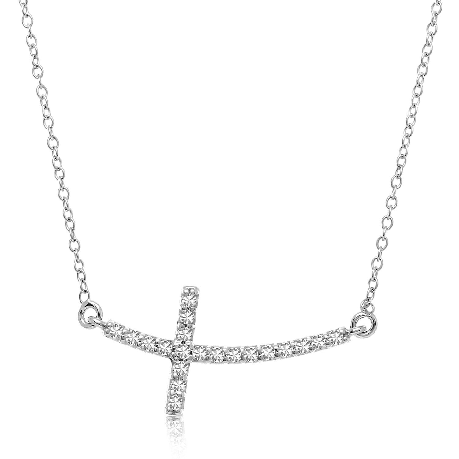 Curved Cross Diamond Studded Necklace in 14k White Gold (.21cttw)