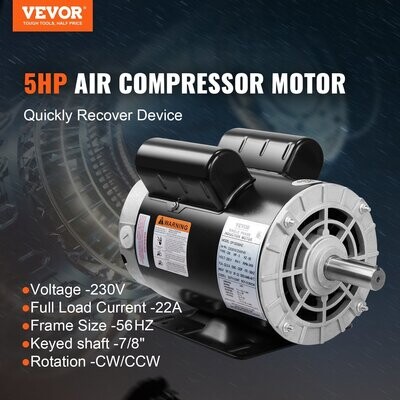 VEVOR 5HP Air Compressor Electric Motor, 230V 22 Amps, 56HZ Frame 3450RPM, 7/8&quot; Keyed Shaft, CW/CCW Rotation, 2.25&quot; Shaft Length for Air Compressors