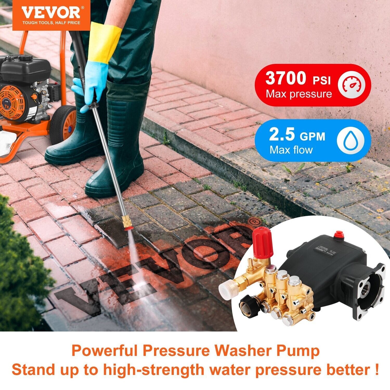VEVOR Pressure Washer Pump, 1&quot; Shaft Horizontal Triplex Plunger, 4400 PSI, 4 GPM Flow, Replacement Power Washer Pumps Kit, Parts Washer Pump, Compatible with Simpson MorFlex Models 40224, 40225, 40226
