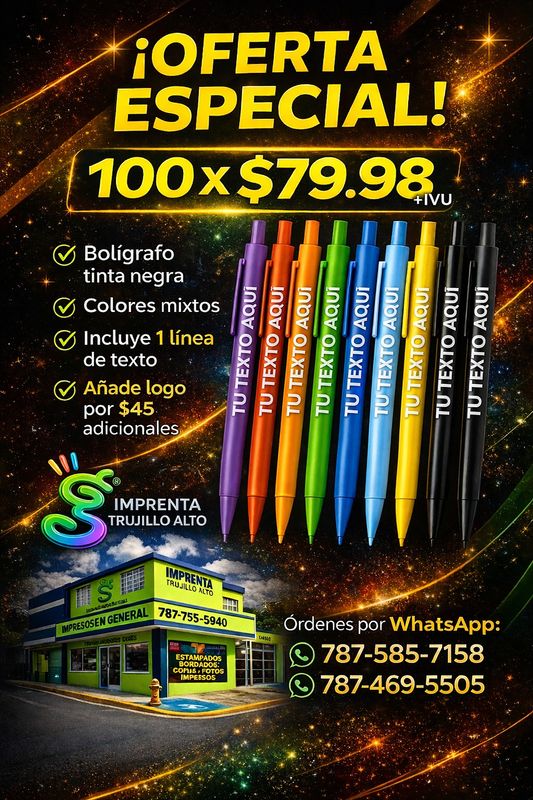 100 bolígrafos plásticos enganche rectangular