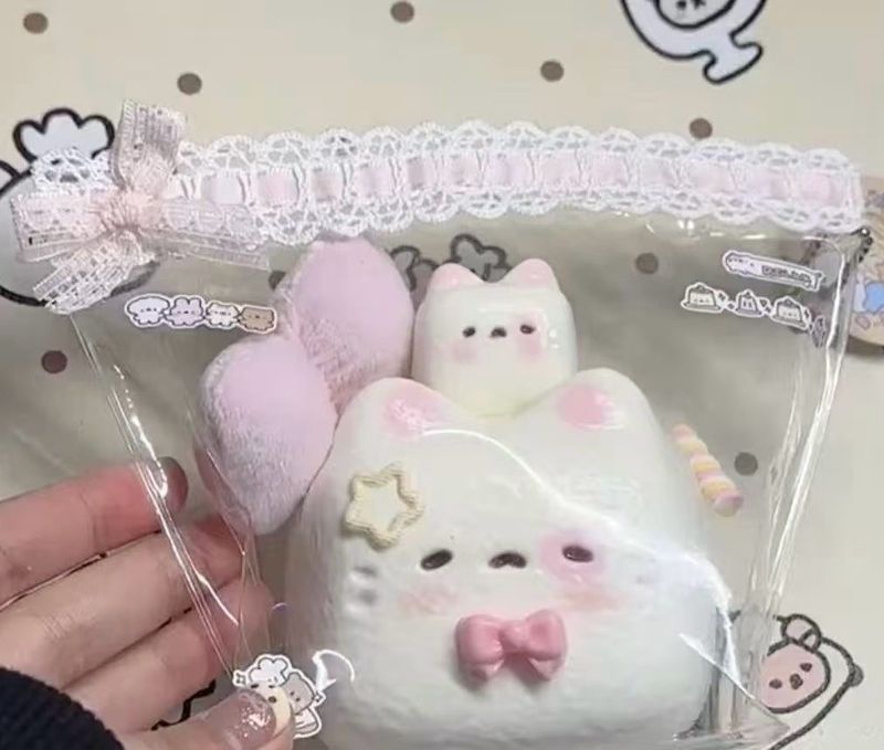 Cat Toffee Mother-daughter Taba Squishy with Pink stitched edge