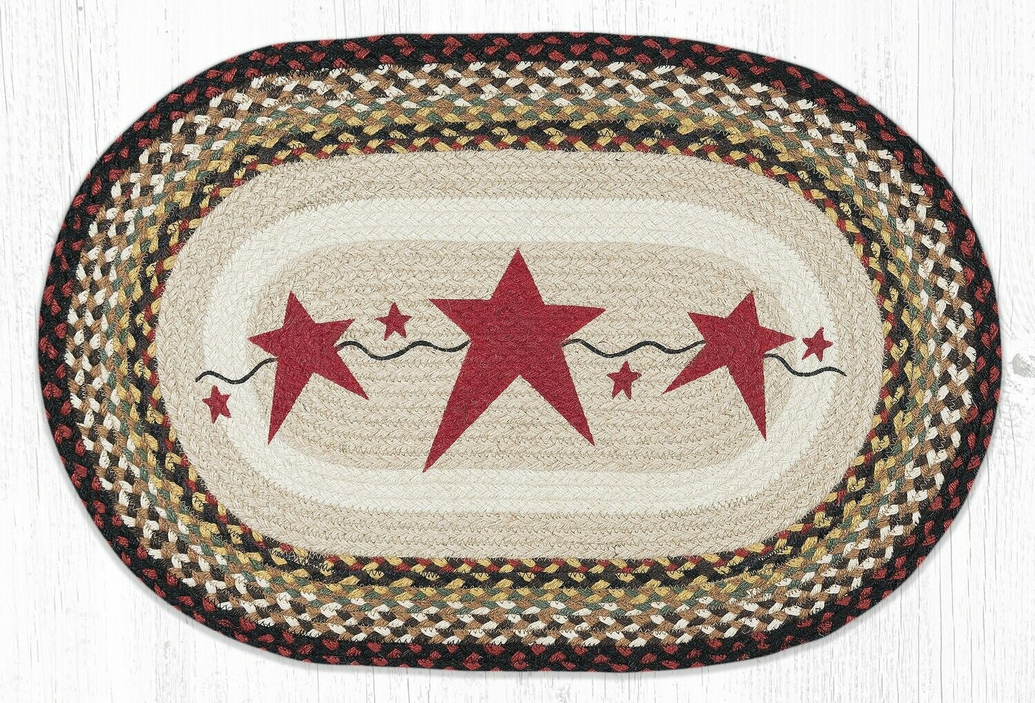 Primitive Burgundy Stars Oval Rug 20&quot; x 30&quot;, Earth Rugs, Farmhouse, Braided Jute